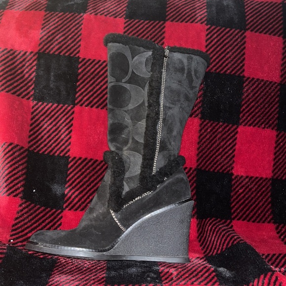 Like New!! Barely used! Black suede Wedge Heel Coach boots. Size 7.5 - Picture 2 of 4